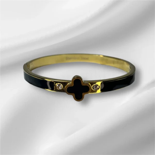 Gold-Plated 4 Leaf Flower Bracelet - Black Inlay - Image 3